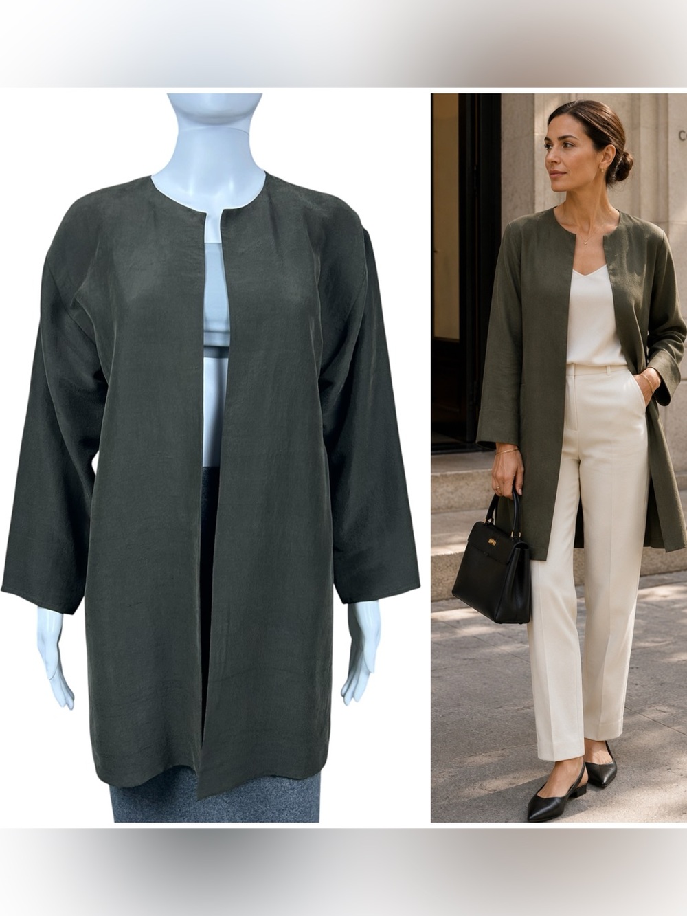 Eileen Fisher 100% Silk Textured Long Jacket XS Olive Green Open Front Minimalis